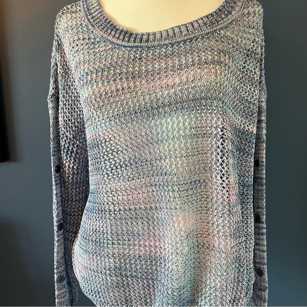 John Paul Richard, open weave sweater, in blueberry blend yarn, button detailing